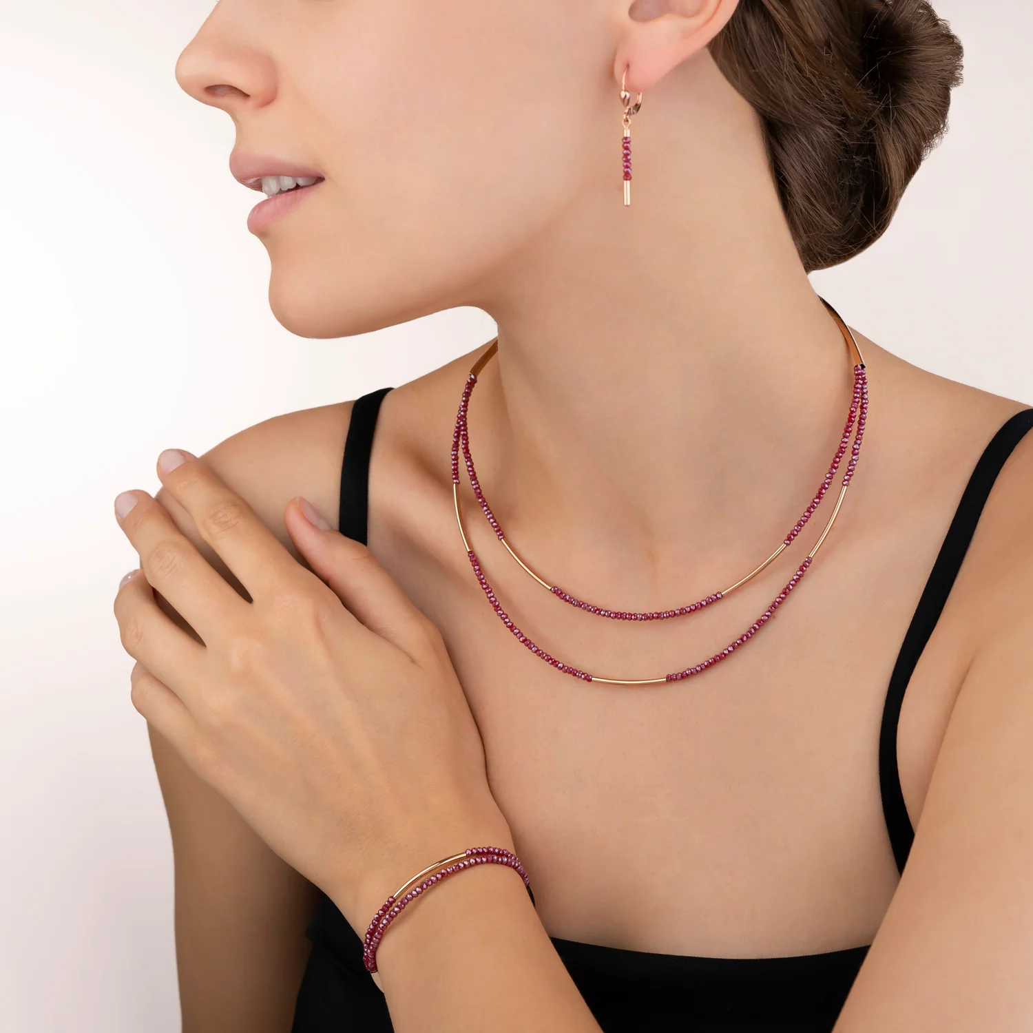 Bracelet Waterfall small stainless steel rose gold & glass red - Image 4