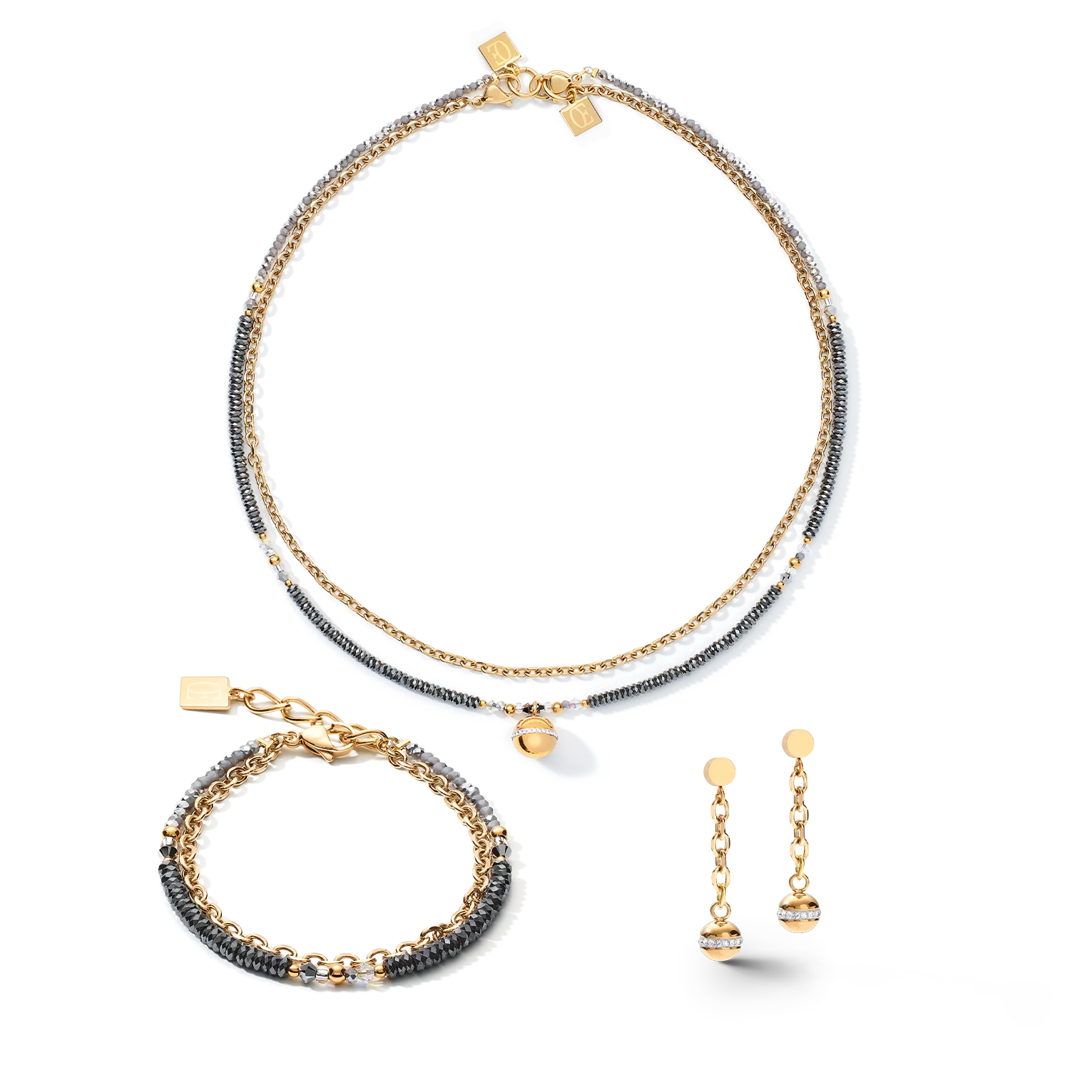 Earrings 4-in-1 Ball Stainless Steel Chain & Hematite gold - Image 3