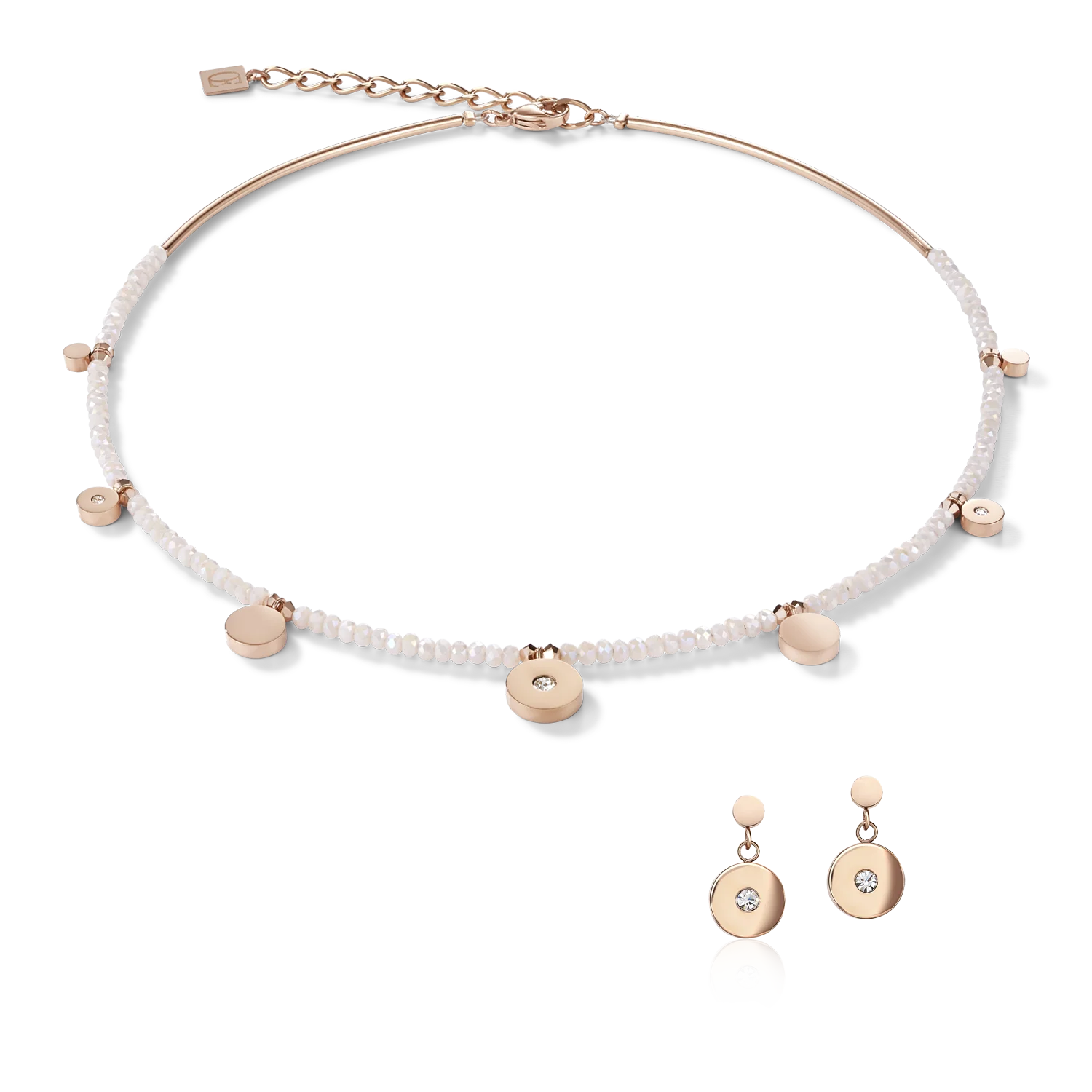 Earrings Coins Stainless steel rose gold, cut glass & Crystals white - Image 3