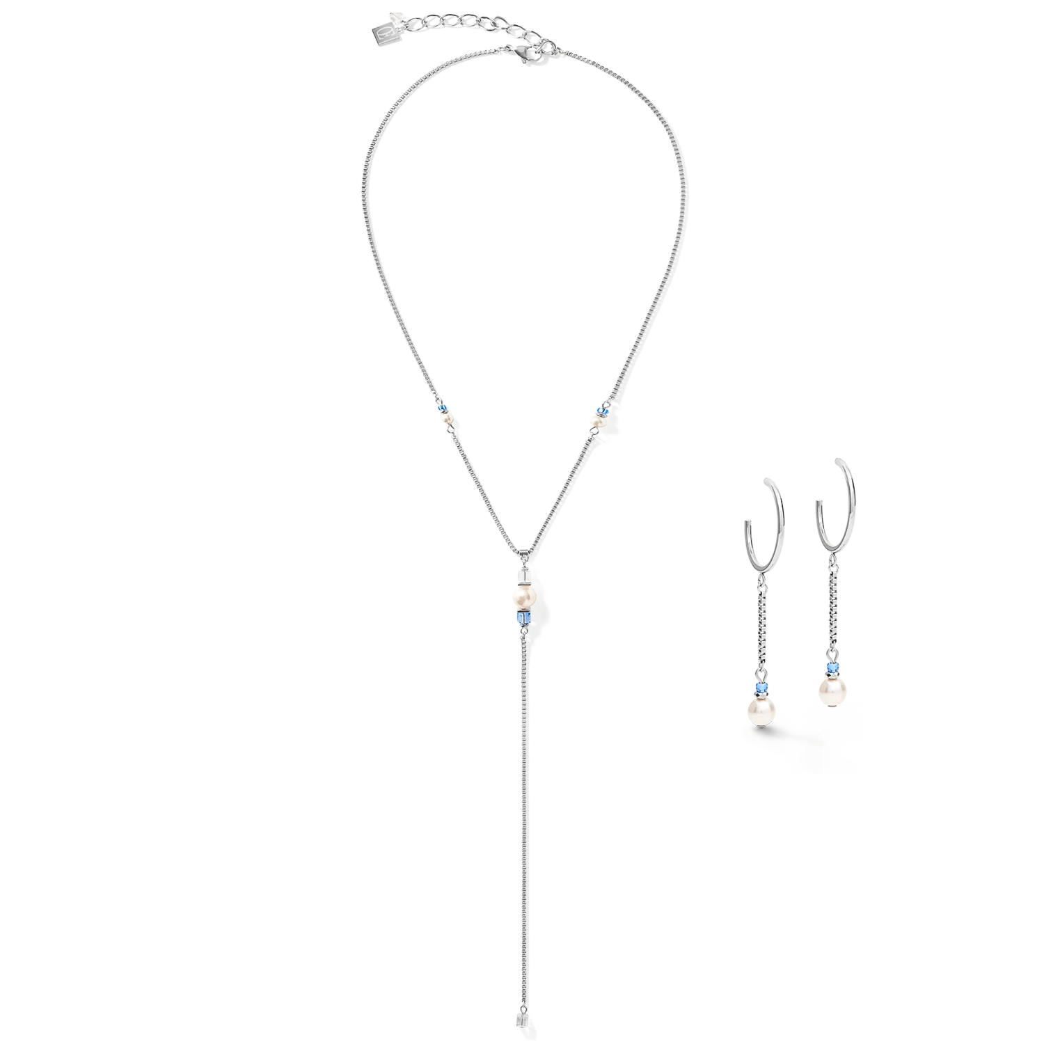 Earrings Creole Ypsilon Chain Crystal Pearl, Crystals & stainless steel silver-light blue - Image 3