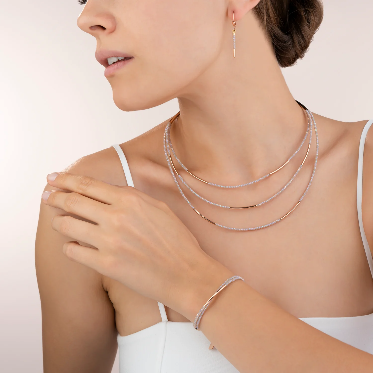 Earrings Waterfall stainless steel rose gold & glass nude - Image 4