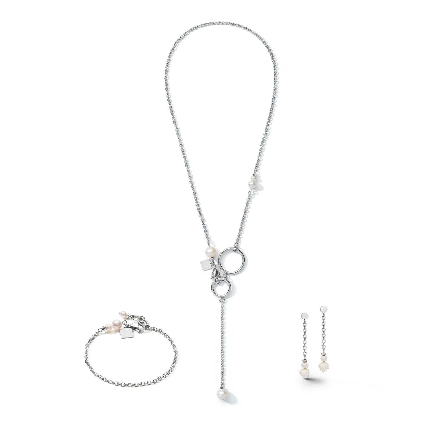 Earrings Y chain & ring Freshwater pearls & stainless steel white-silver - Image 3