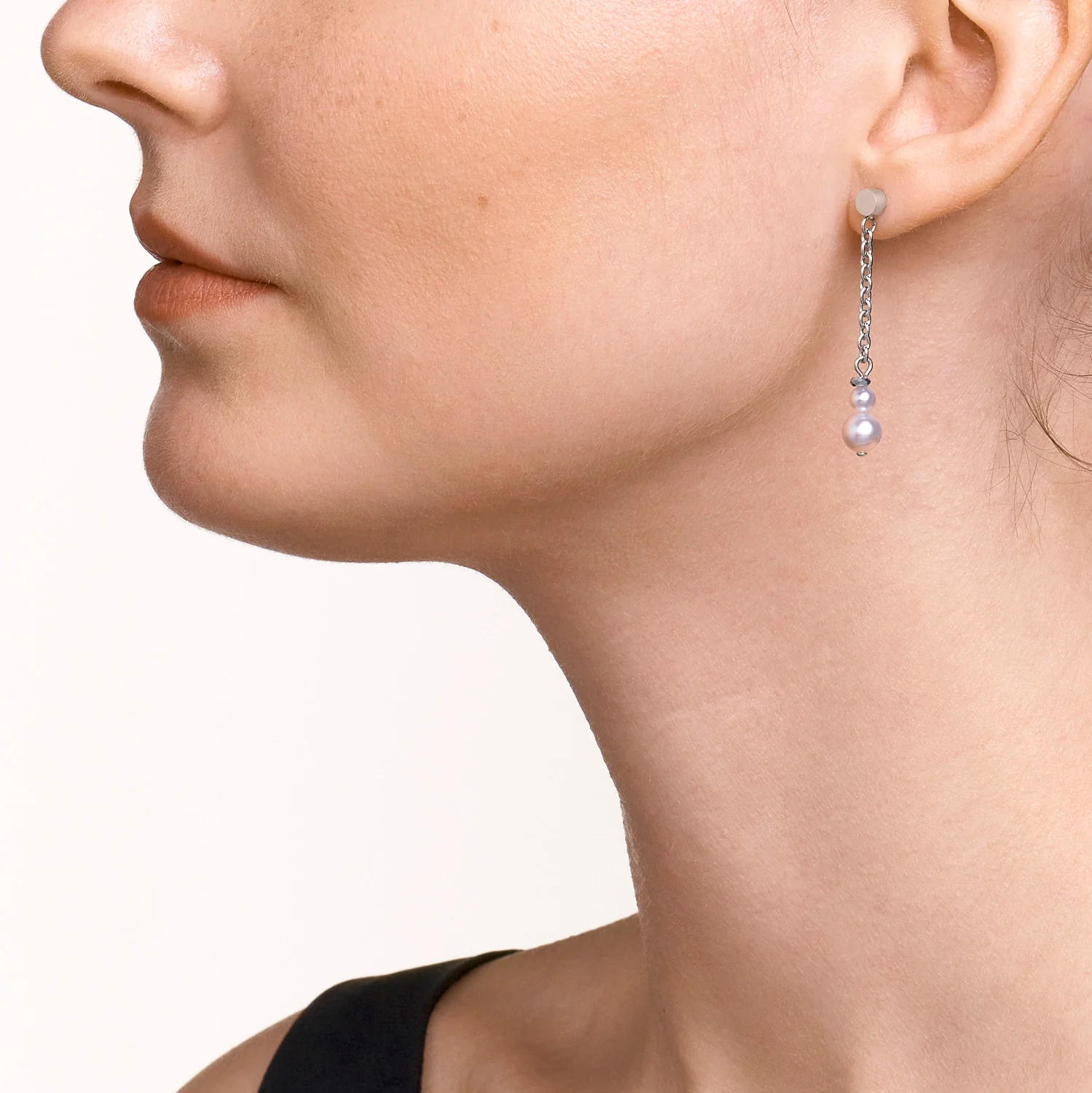 Earrings Y chain & ring Freshwater pearls & stainless steel white-silver - Image 4