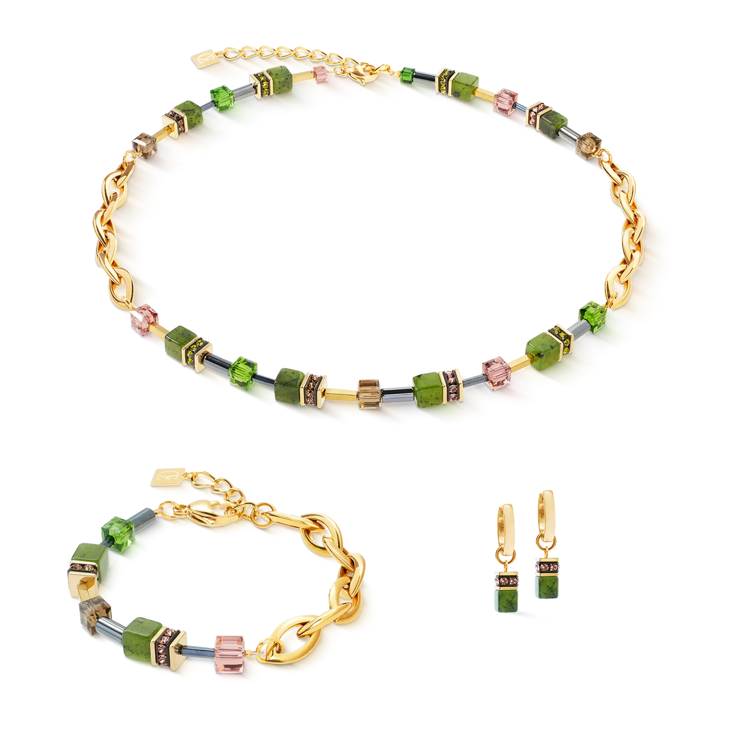 GeoCUBE® Chunky Chain hoop earrings gold-green - Image 3
