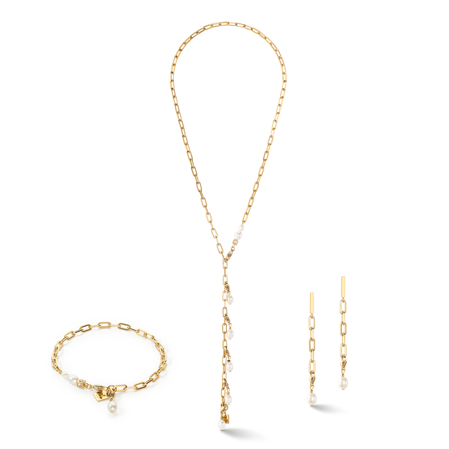 Modern chain earrings with freshwater pearl charms gold - Image 3