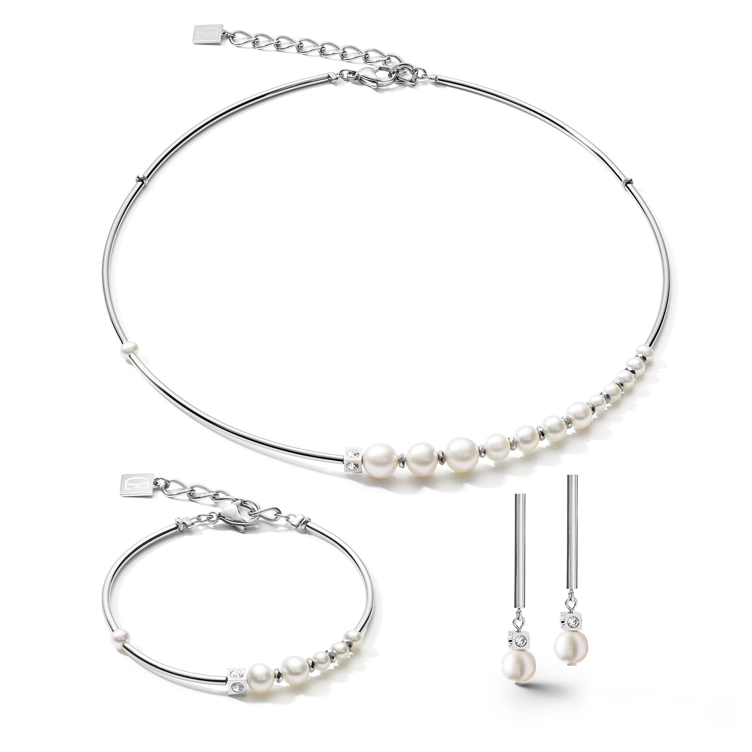 Necklace Asymmetry freshwater pearls & stainless steel white-silver - Image 3