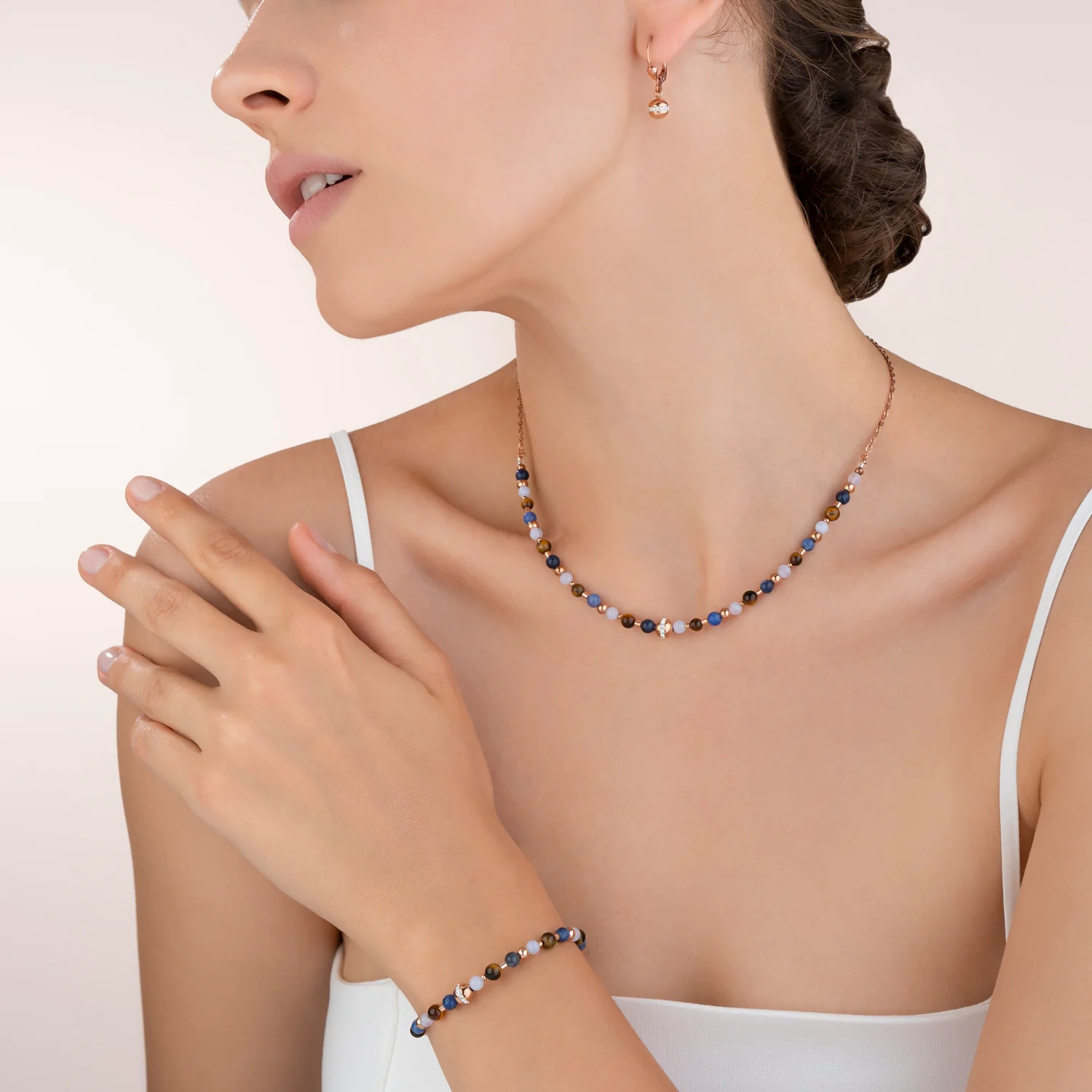 Necklace Ball stainless steel rose gold & gemstones blue-brown - Image 4