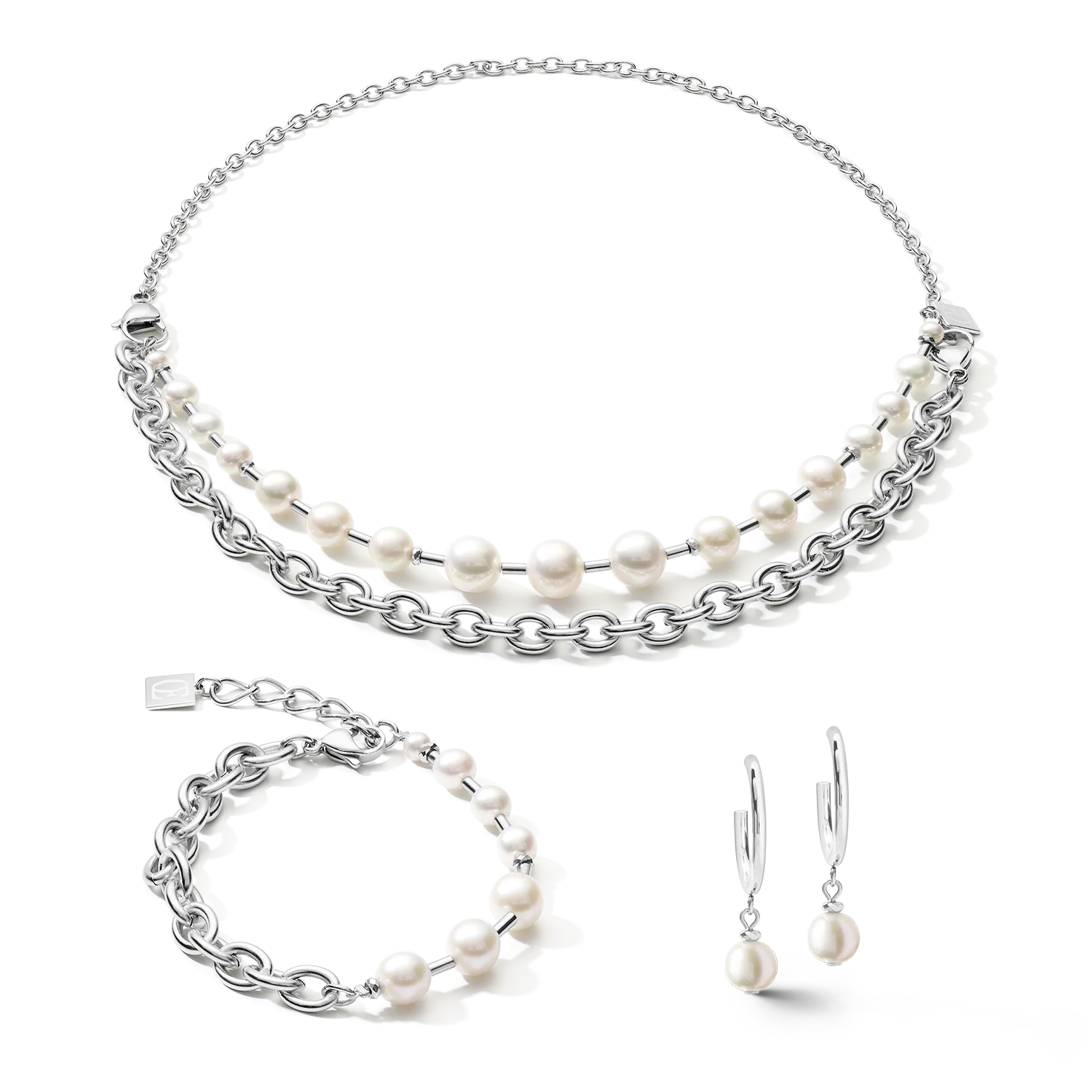 Necklace Freshwater pearls & chunky chain 4-in-1 white-silver - Image 3