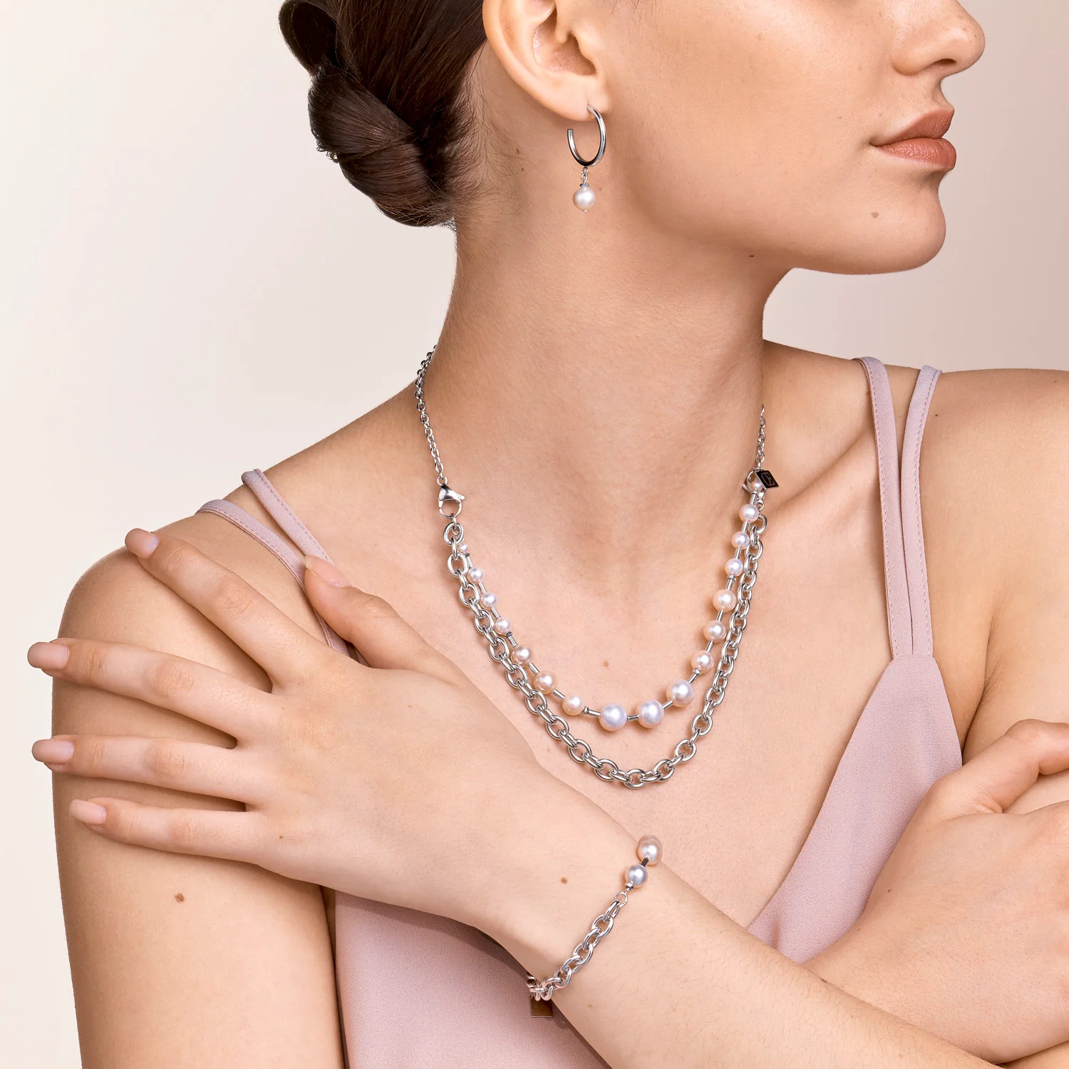 Necklace Freshwater pearls & chunky chain 4-in-1 white-silver - Image 4