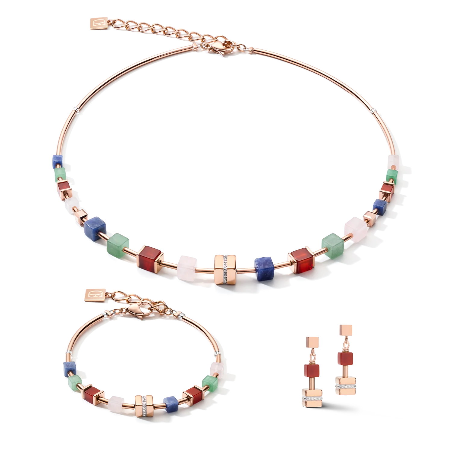 Necklace GeoCUBE® big Kristall Pavé Cube, Edelsteine & Edelstahl roségold multicolor gemstone - Image 3