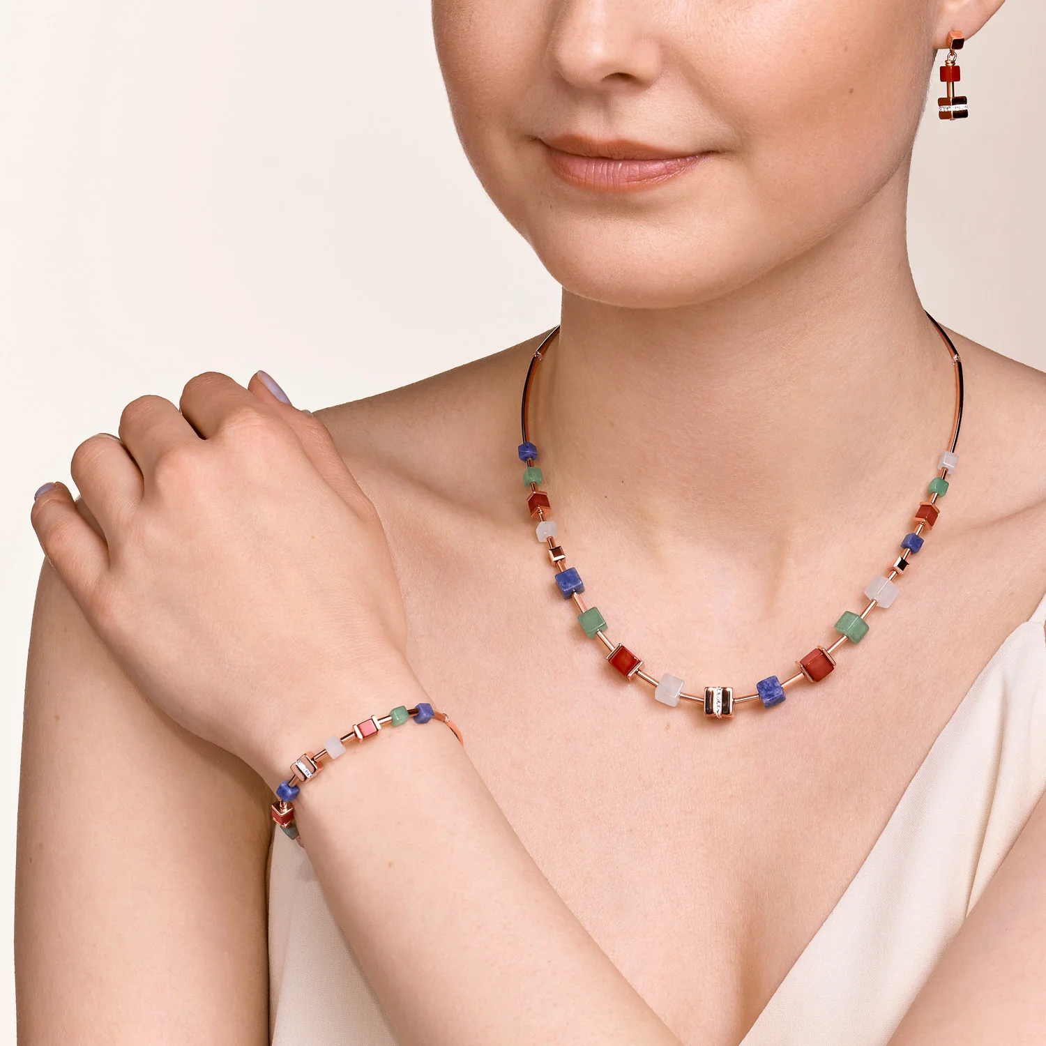 Necklace GeoCUBE® big Kristall Pavé Cube, Edelsteine & Edelstahl roségold multicolor gemstone - Image 4