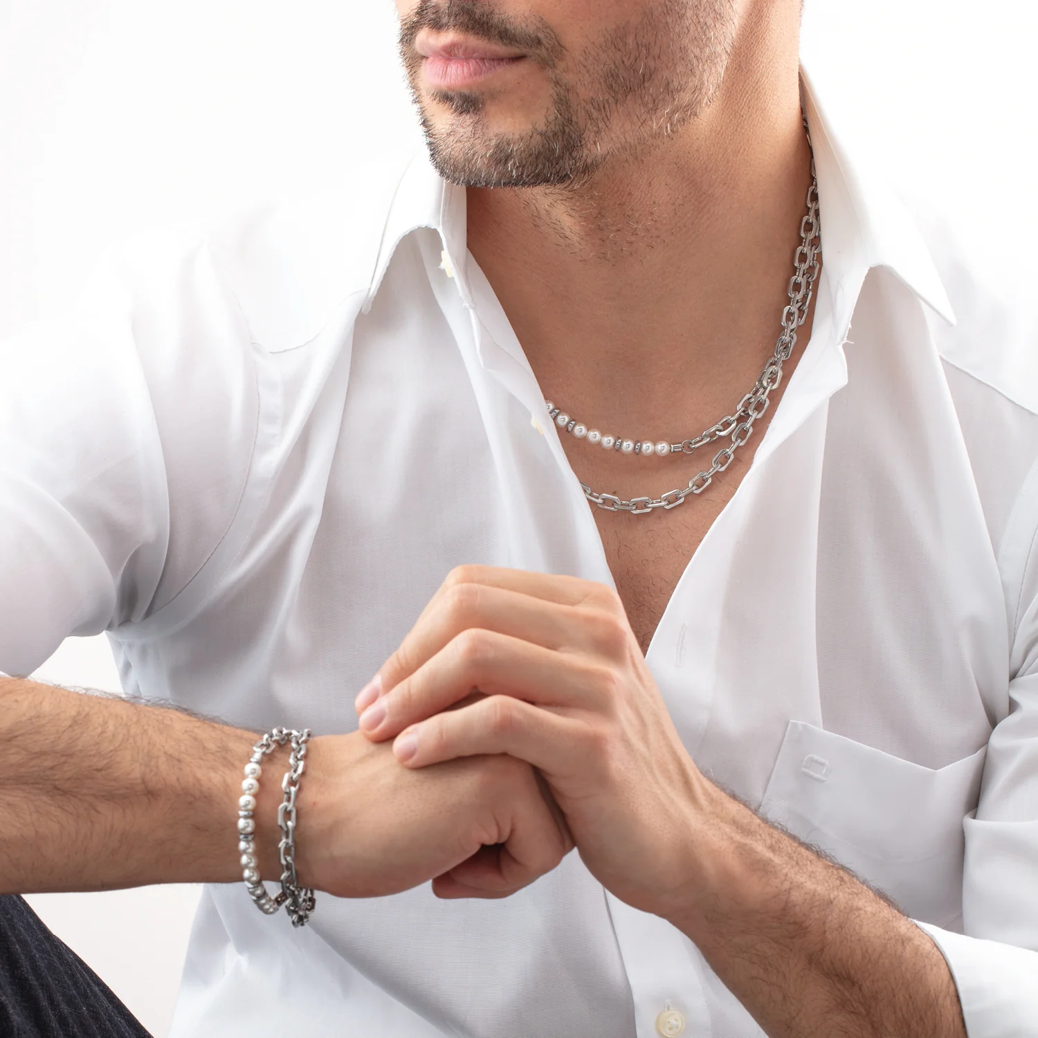Necklace Pearls Fusion link chain white - Image 3