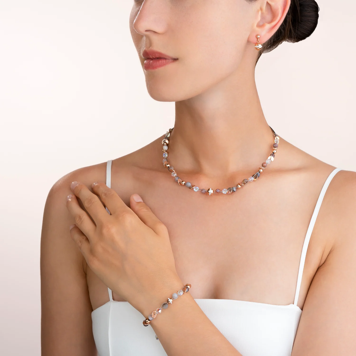 Necklace TwistedPEARLS Botswana agate & stainless steel rose gold beige-grey - Image 4