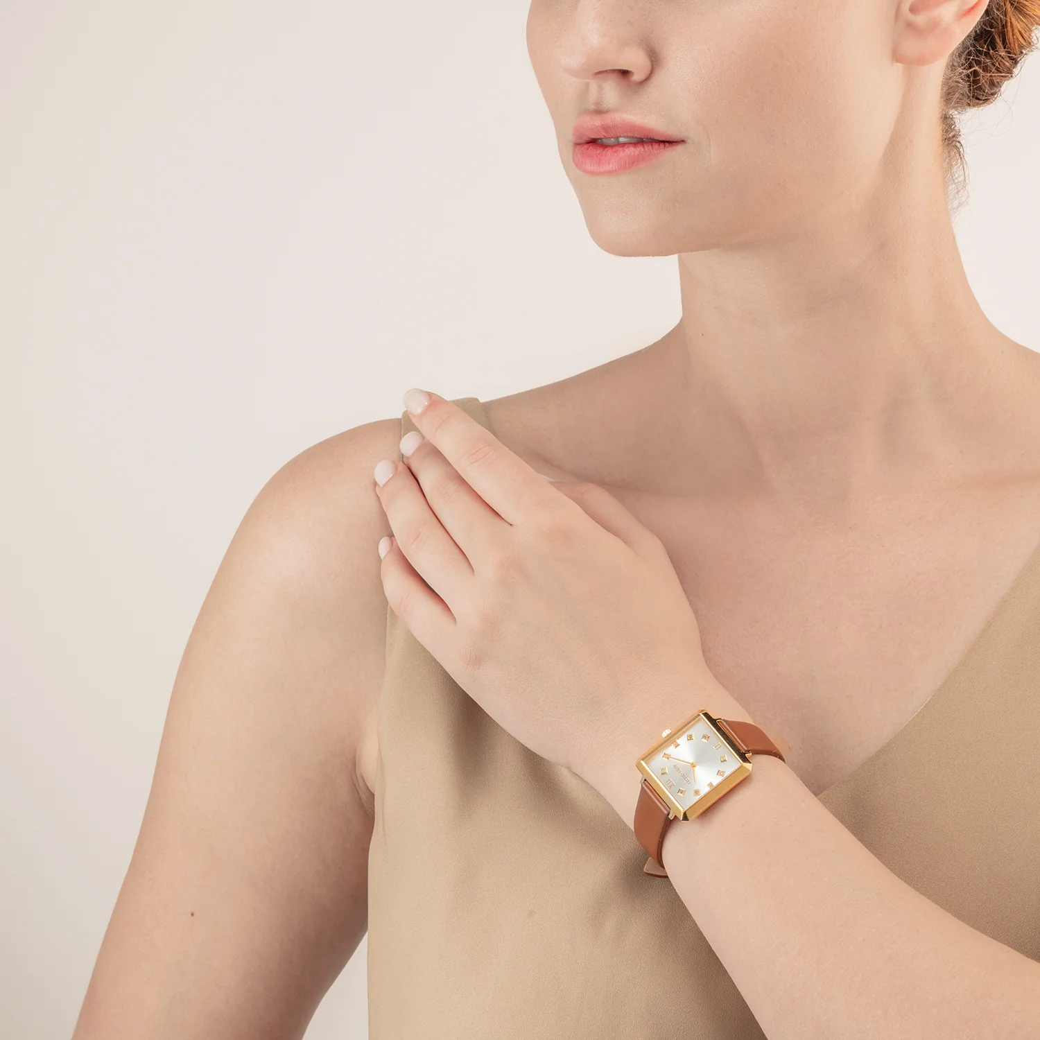 Watch Iconic Square Gold White Sunray Bracelet Leather Classy Brown - Image 3