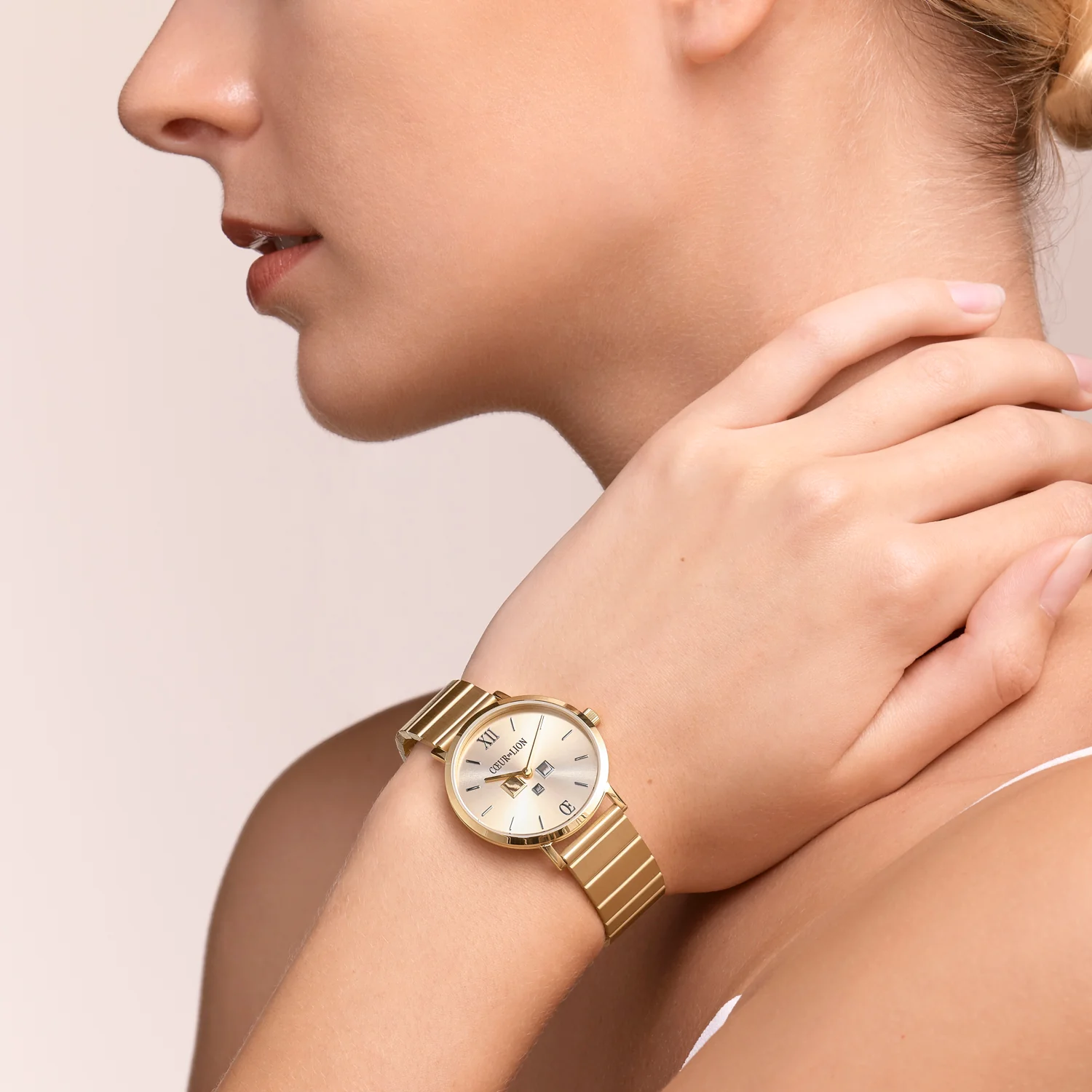 Watch Round Gold Sunray Monochrome Stainless Steel Gold - Image 3